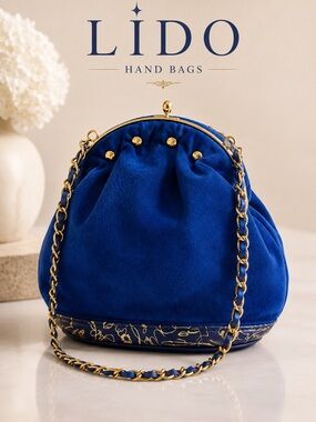 💙LIDO Handbag,Vibrant Blue Suede Leather, Made in USA,Blue/Gold Woven Chain,EUC